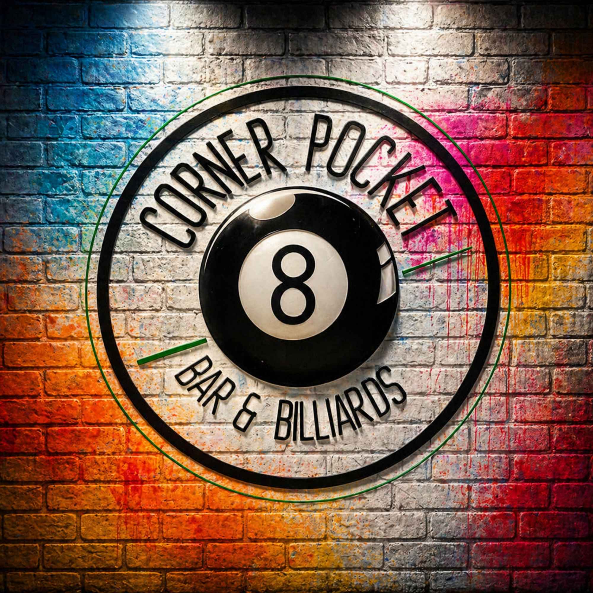 The Corner Pocket bar and billiards logo on a brick wall