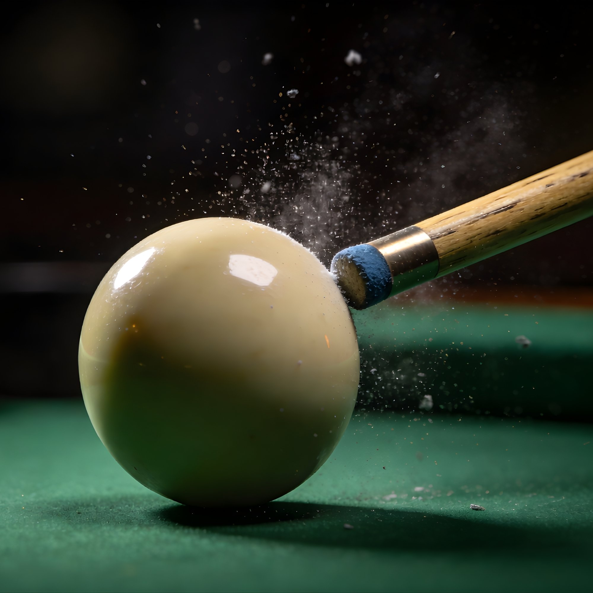 Close-up of a pool cue striking a cue ball on a billiards table