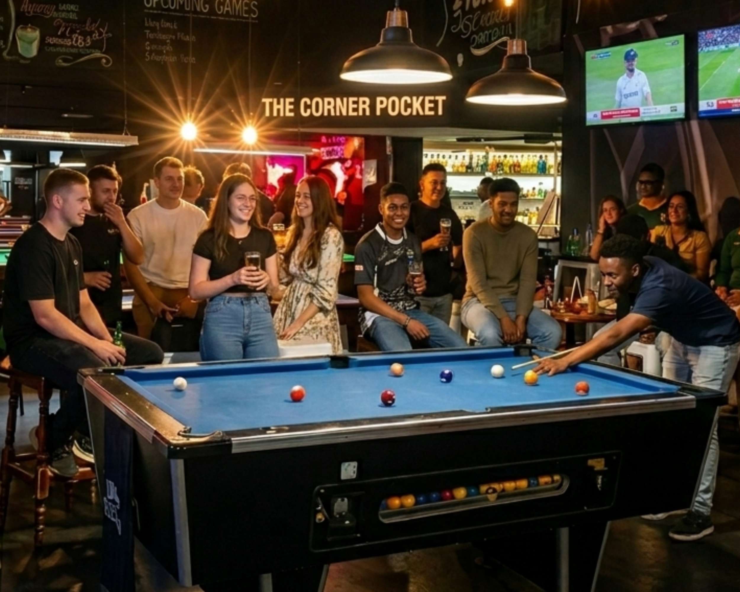 Friends playing pool at The Corner Pocket billiards bar in Brooklyn Pretoria