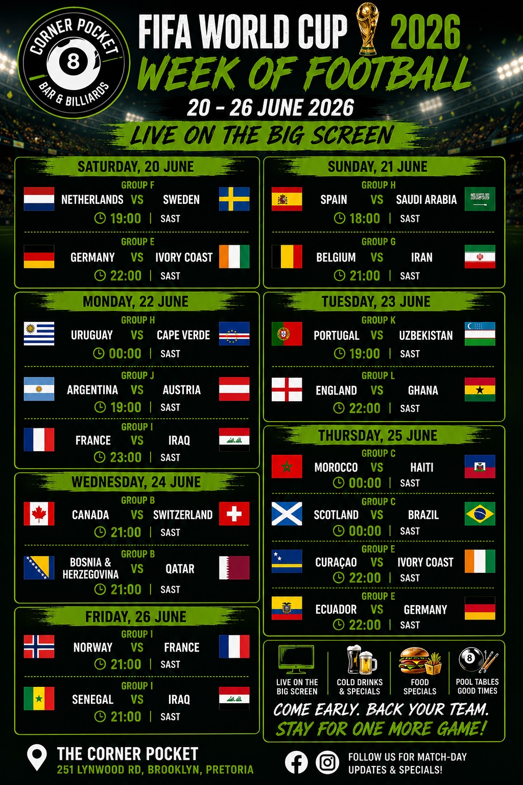 FIFA World Cup Week of Football match schedule at The Corner Pocket in Brooklyn Pretoria from 12 to 19 June 2026