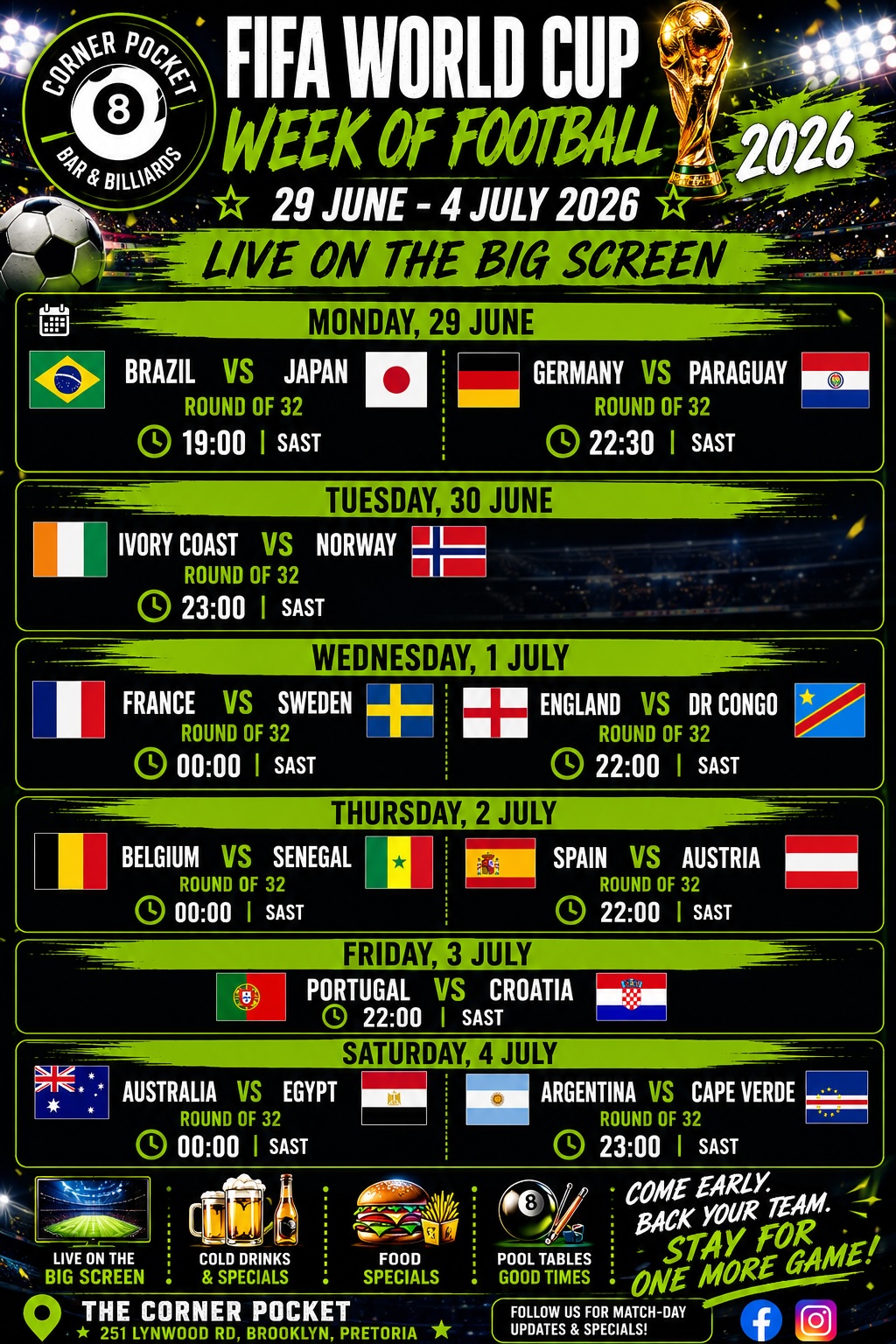 FIFA World Cup Week of Football match schedule at The Corner Pocket in Brooklyn Pretoria from 12 to 19 June 2026