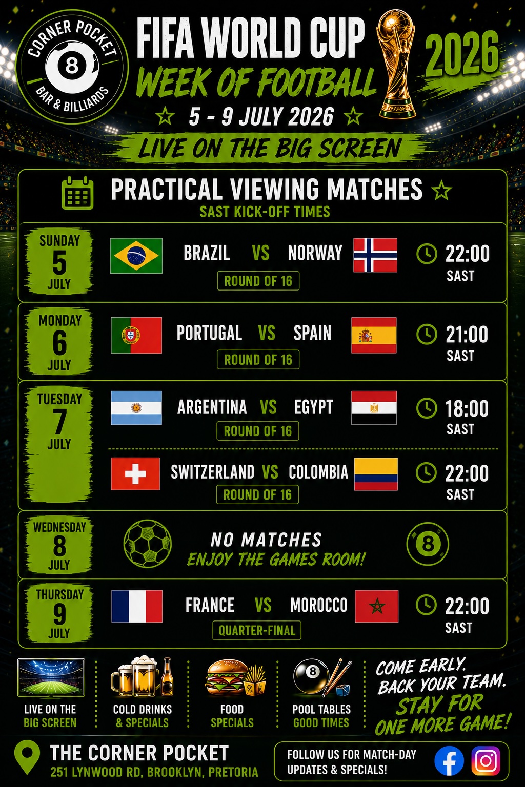 FIFA World Cup Week of Football match schedule at The Corner Pocket in Brooklyn Pretoria from 12 to 19 June 2026